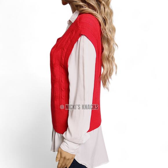 Sincerely Jules Red Cable Knit Sleeveless Sweater V-Neck Academia Preppy Size L - Picture 8 of 13